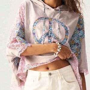 Boho Floral Peace Hoodie in Pink and Cream